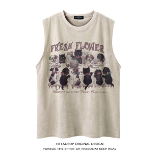 街头宽松坎肩t恤 新款 HTTAOSUP日系复古猫咪印花无袖 背心男女夏季