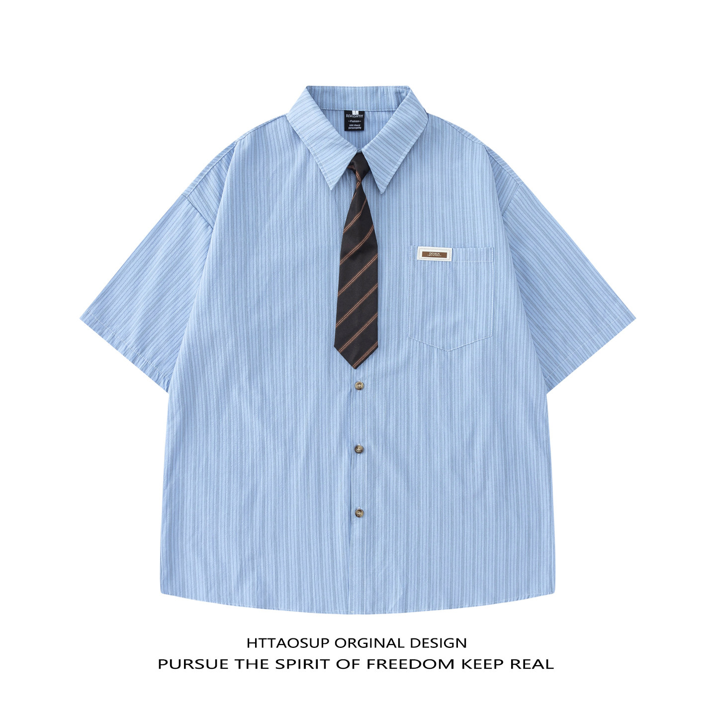 HTTAOSUP日系复古彩色条纹领带短袖衬衫男女夏季潮牌宽松百搭衬衣