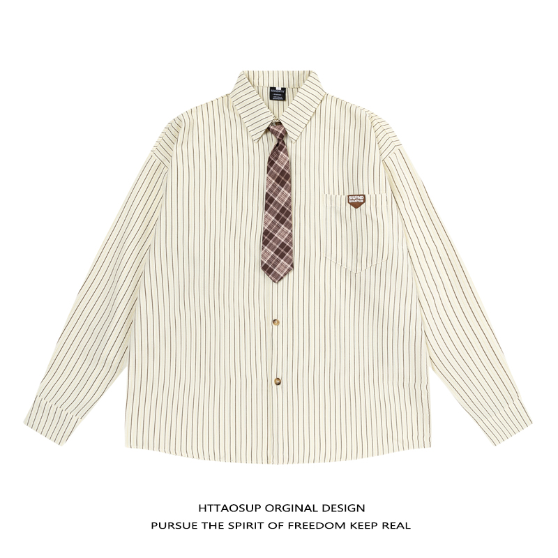 复古竖条纹领带长袖衬衫男春季