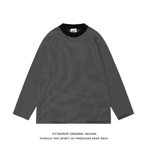 HTTAOSUP复古撞色黑白条纹长袖t恤男简约宽松休闲圆领打底衫上衣