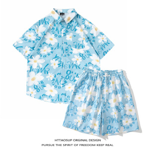 潮雏菊沙滩衬衣男女宽松套装 HTTAOSUP夏威夷度假风凉感短袖 衬衫