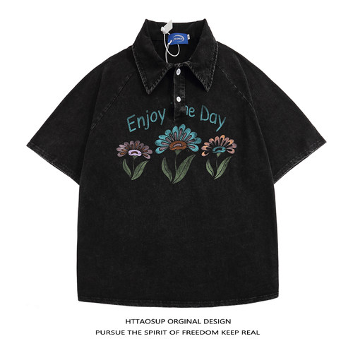 学院风宽松插肩袖短袖POLO上衣