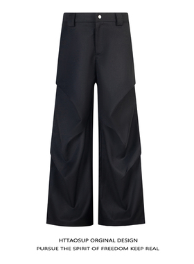 HTTAOSUP美式小众褶皱拖地微喇叭休闲裤子宽松直筒垂感黑色西裤男