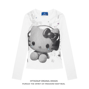 HTTAOSUP美式复古黑色长袖秋季卡通印花圆领t恤宽松y2k亚文化上衣