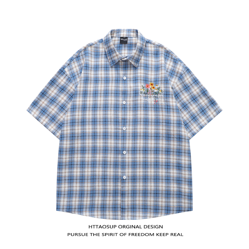 美式复古格子花卉刺绣短袖衬衫
