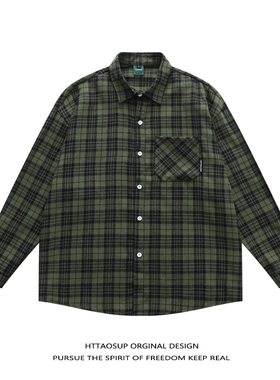 HTTAOSUP听说绿色象征幸运格子衬衫男女潮牌复古休闲宽松长袖衬衣