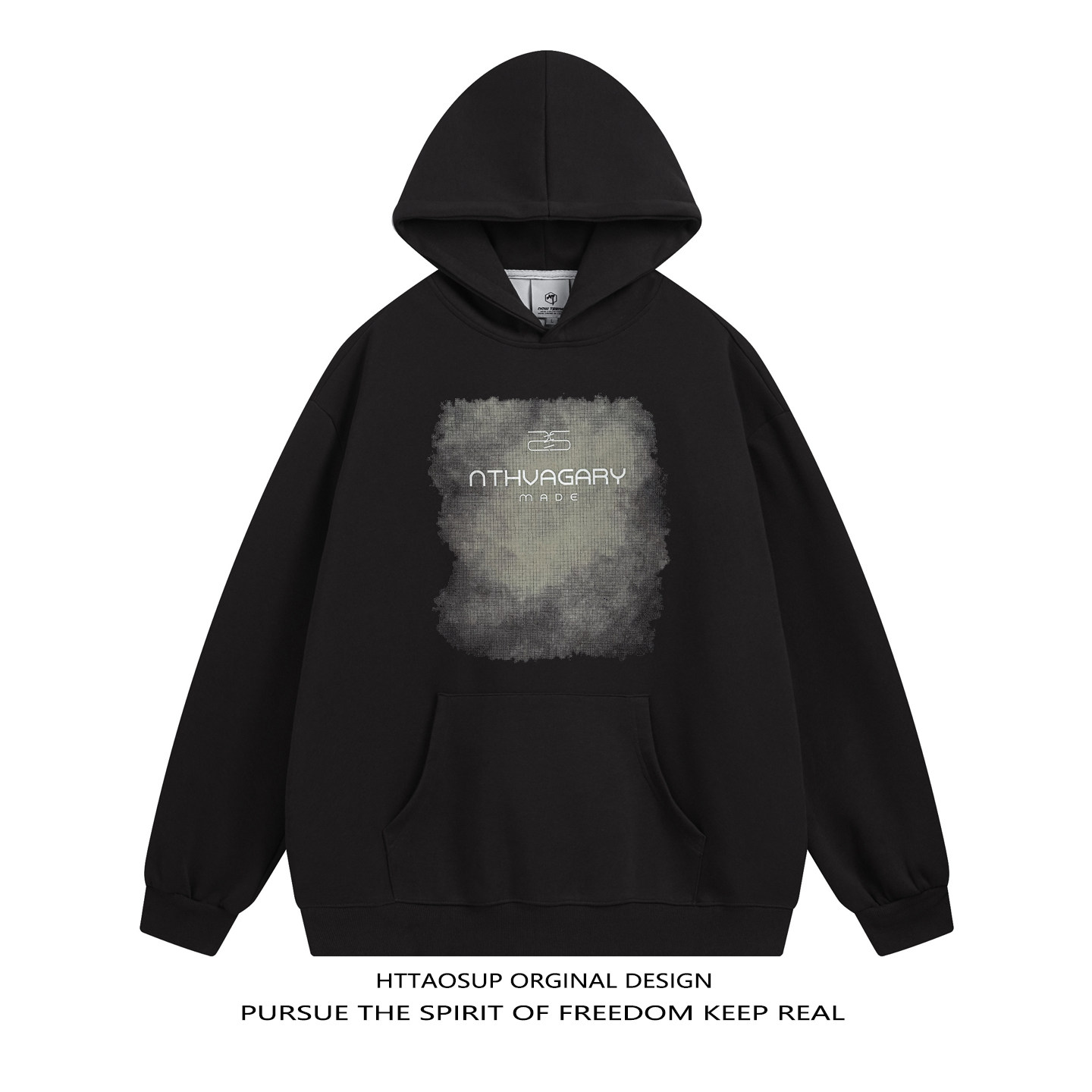 HTTAOSUP美式嘻哈风字母印花连帽卫衣男宽松街头潮牌长袖黑色帽衫