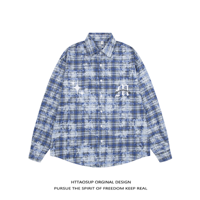 HTTAOSUP格子衬衫男上衣外套设计感小众长袖蓝色扎染衬衫水洗宽松