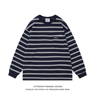 HTTAOSUP美式 t恤男女重磅宽松体恤上衣复古宽松休闲百搭 条纹长袖