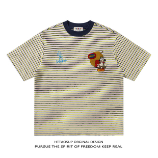 街头情侣上衣 T恤男女宽松夏季 HTTAOSUP美式 休闲条纹植绒刺绣短袖