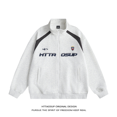 HTTAOSUP美式复古潮牌字母印花开衫立领卫衣男女春季宽松情侣外套