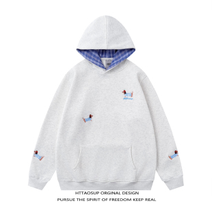 HTTAOSUP秋冬小狗刺绣格子拼接假两件连帽卫衣男女款 加绒情侣上衣