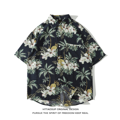 尖领短袖港风复古夏威夷衬衫男女