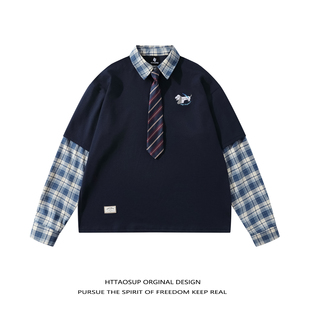 卫衣男 polo衫 HTTAOSUP早秋美式 复古学院风宽松拼接格子假两件长袖