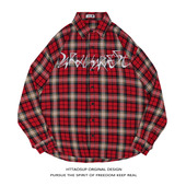 HTTAOSUP美式 衬衣外套 宽松秋季 复古刺绣红色格子防晒衬衫 男女长袖