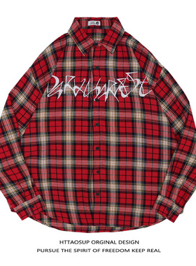 HTTAOSUP美式复古刺绣红色格子防晒衬衫男女长袖宽松秋季衬衣外套