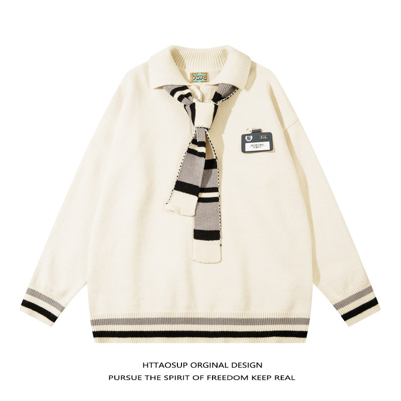 HTTAOSUP复古cityboy领带装饰翻领毛衣男女学院风宽松情侣针织衫,男装,针织衫/毛衣,淘宝优惠券,粉丝福利购,淘宝优惠卷