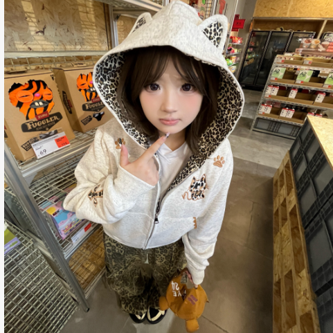 复古vintage豹纹拉链外套女休闲宽松小恶魔立耳连帽秋冬新款卫衣