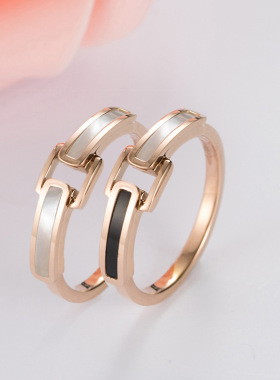 跨境供应不锈钢戒指钛钢指环玫瑰金皮带扣样式镶贝壳戒指