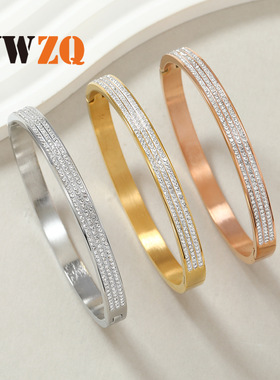 跨境气质满天星钛钢手镯 高级三排泥钻镶钻O型卡扣手镯不锈钢