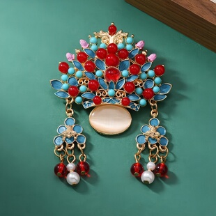 文创国潮凤冠花旦流苏胸针中式宫廷胸花旗袍汉服别针扣礼物两用