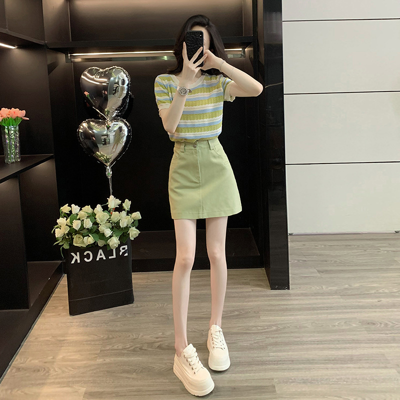 小个子夏季小清新时尚套装女减龄短袖针织衫高腰显瘦a字牛仔短裙