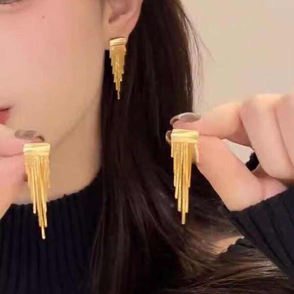 s925银针金色流苏耳环显脸瘦耳饰