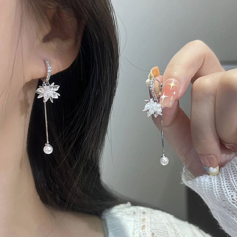 s925银针水晶冰花珍珠流苏耳环