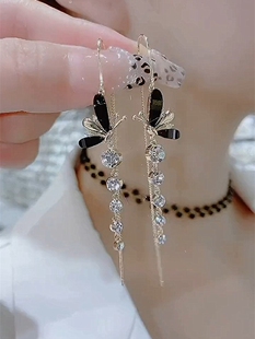 日韩超仙黑色气质长款蝴蝶耳线女高级感闪钻流苏耳环s925银针耳饰
