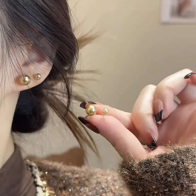 美拉德咖棕色珠珠耳钉四件套