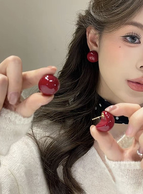 s925银针耳饰红色馒头半圆珍珠耳钉女轻奢高级感时尚气质百搭耳环