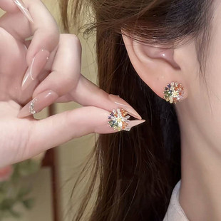 s925银针耳饰彩色锆石小雏菊耳钉轻奢小众高级感时尚气质百搭耳环