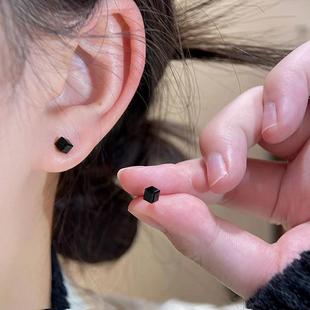 s925银针耳饰黑色立体方糖耳钉四件套小众设计感精致小巧百搭耳环