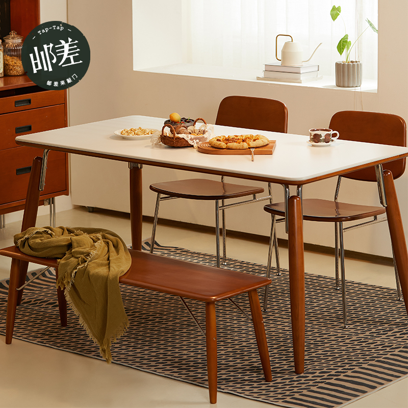 邮差来敲门中古实木岩板餐桌原木书桌白色法式复古小户型家用饭桌