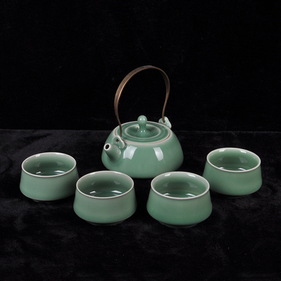 龙泉青瓷梅子青釉提梁茶壶功夫茶具创意中式泡茶壶套装小茶壶