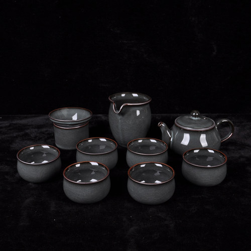 龙泉青瓷功夫茶具套装盖碗家用陶瓷哥窑铁胎高档铁胎冰裂茶壶茶杯