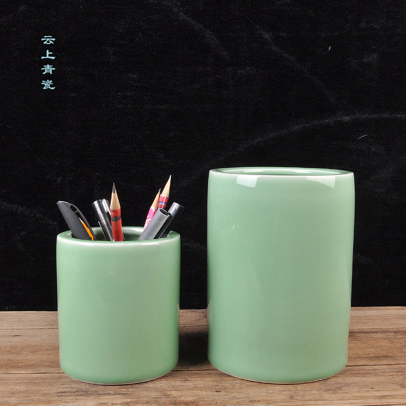 云上青瓷笔筒中号办公室桌面收纳多功能中式复古圆形毛笔钢笔文具,文具电教/文化用品/商务用品,笔筒,淘宝优惠券,粉丝福利购,淘宝优惠卷