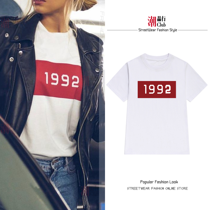 Å·ÃÀ½ÖÍ·¸öÐÔÔ²Áìt-shirtÊý×Ö1992Ó¡»¨tÐô¿íËÉÅ®¶ÌÐäbf·çÉÏÒÂÏļ¾