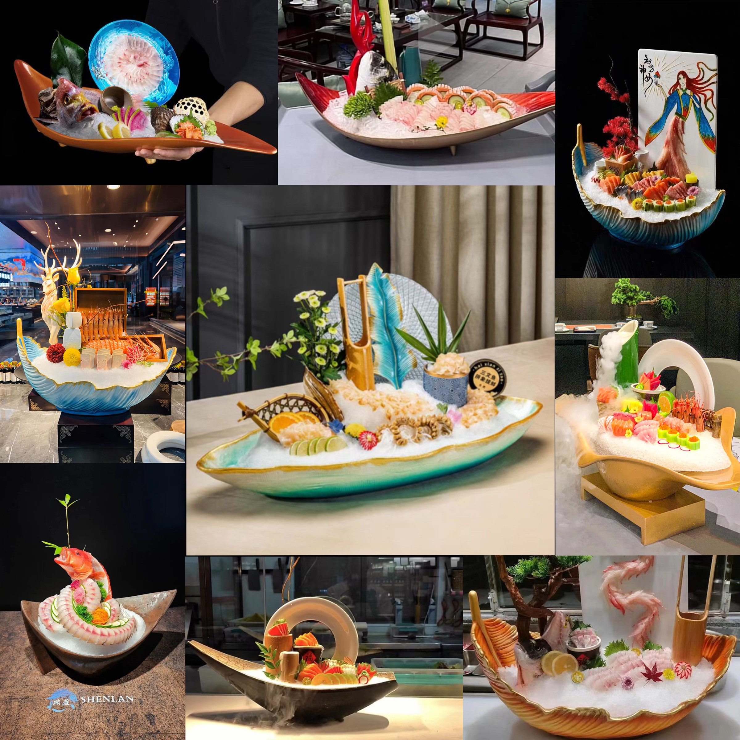 高端刺身盘冰盘海鲜姿造拼盘深海鱼雕网红三文鱼东星斑摆盘专用盘