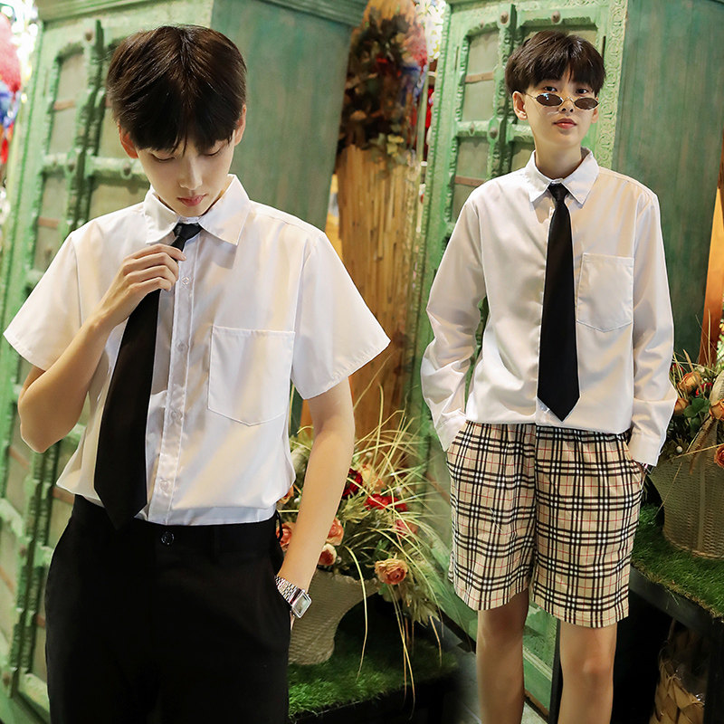 les帅t中性情侣潮男女宽松bf简约毕业学院风长短袖白衬衫