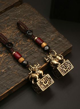 黄铜麒麟印国潮五帝钱中式钥匙扣挂件男女包包吊坠防小人办公室挂