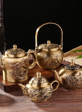 黄铜小茶壶创意酒杯桌面摆件中式迷你茶壶手把件书房复古小玩意