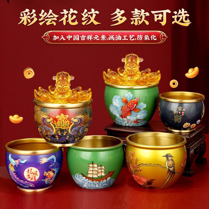 彩绘黄铜米缸百福缸纯铜聚宝盆摆件客厅家居大号存钱罐黄土米缸