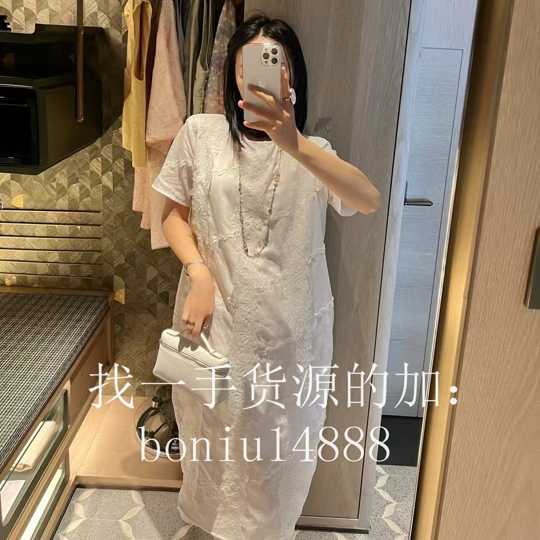 欧洲站2025夏季新款欧货时尚圆领拼接蕾丝花边宽松百搭短袖连衣裙
