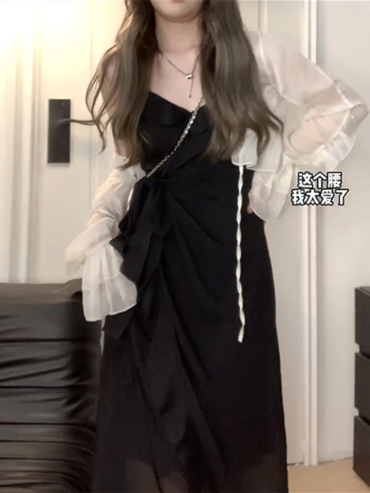 PLUS SIZE IRREGULAR SLIP DRESS WOMENS SPRING AND AUTUMN CHUBBY MM THIN TEA BREAK BELLFLOWER FRENCH WAIST SKIRT LITTLE BLACK DRESS