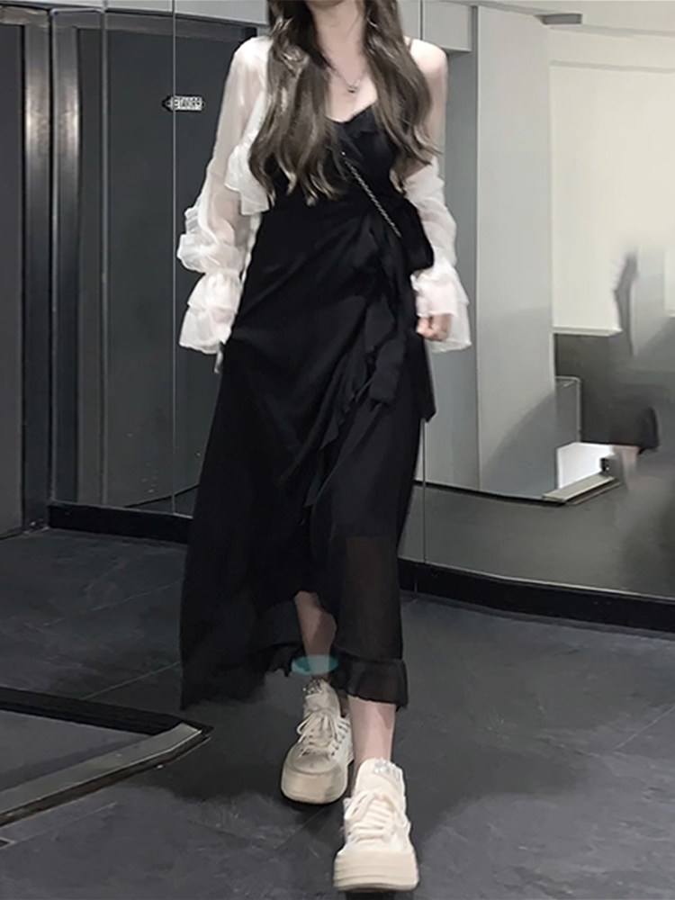 PLUS SIZE IRREGULAR SLIP DRESS WOMENS SPRING AND AUTUMN CHUBBY MM THIN TEA BREAK BELLFLOWER FRENCH WAIST SKIRT LITTLE BLACK DRESS