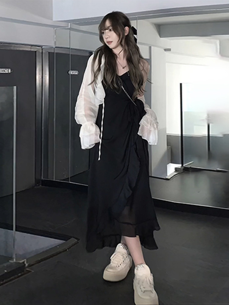 PLUS SIZE IRREGULAR SLIP DRESS WOMENS SPRING AND AUTUMN CHUBBY MM THIN TEA BREAK BELLFLOWER FRENCH WAIST SKIRT LITTLE BLACK DRESS