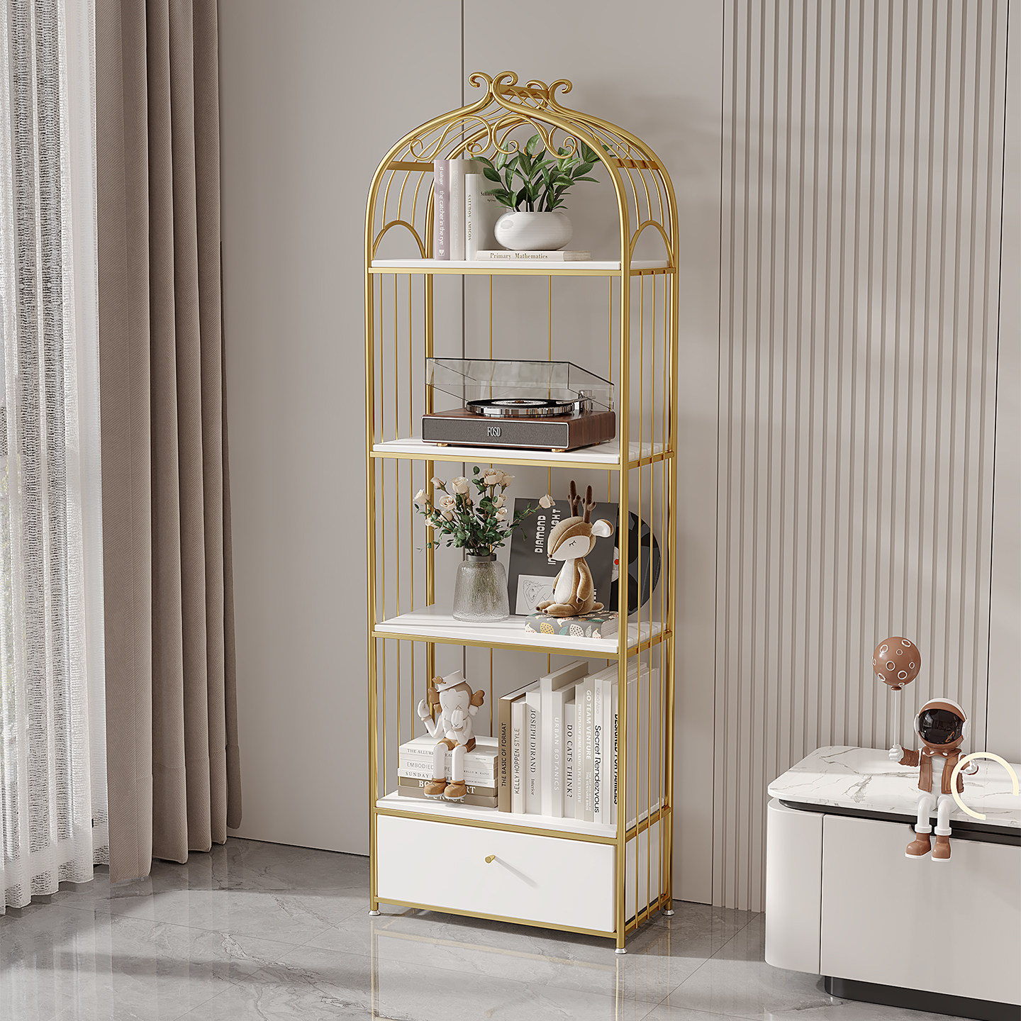 北欧轻奢置物架客厅带抽屉落地多层收纳架卧室书架客厅储物展示架