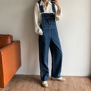 美式复古高腰牛仔背带裤女2025秋季新款阔腿宽松直筒显瘦拖地长裤