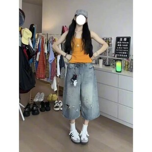 大码bf慵懒风美式薄款七分牛仔短裤女夏季新款胖MM宽松破洞阔腿裤